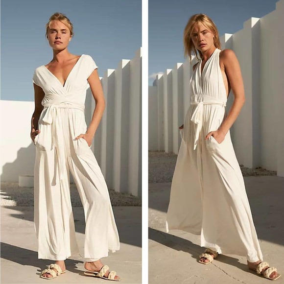 Free People Pants - Free People Beach Halter Jumpsuit Jersey Knit Off White Cream Bride Bridal USA L